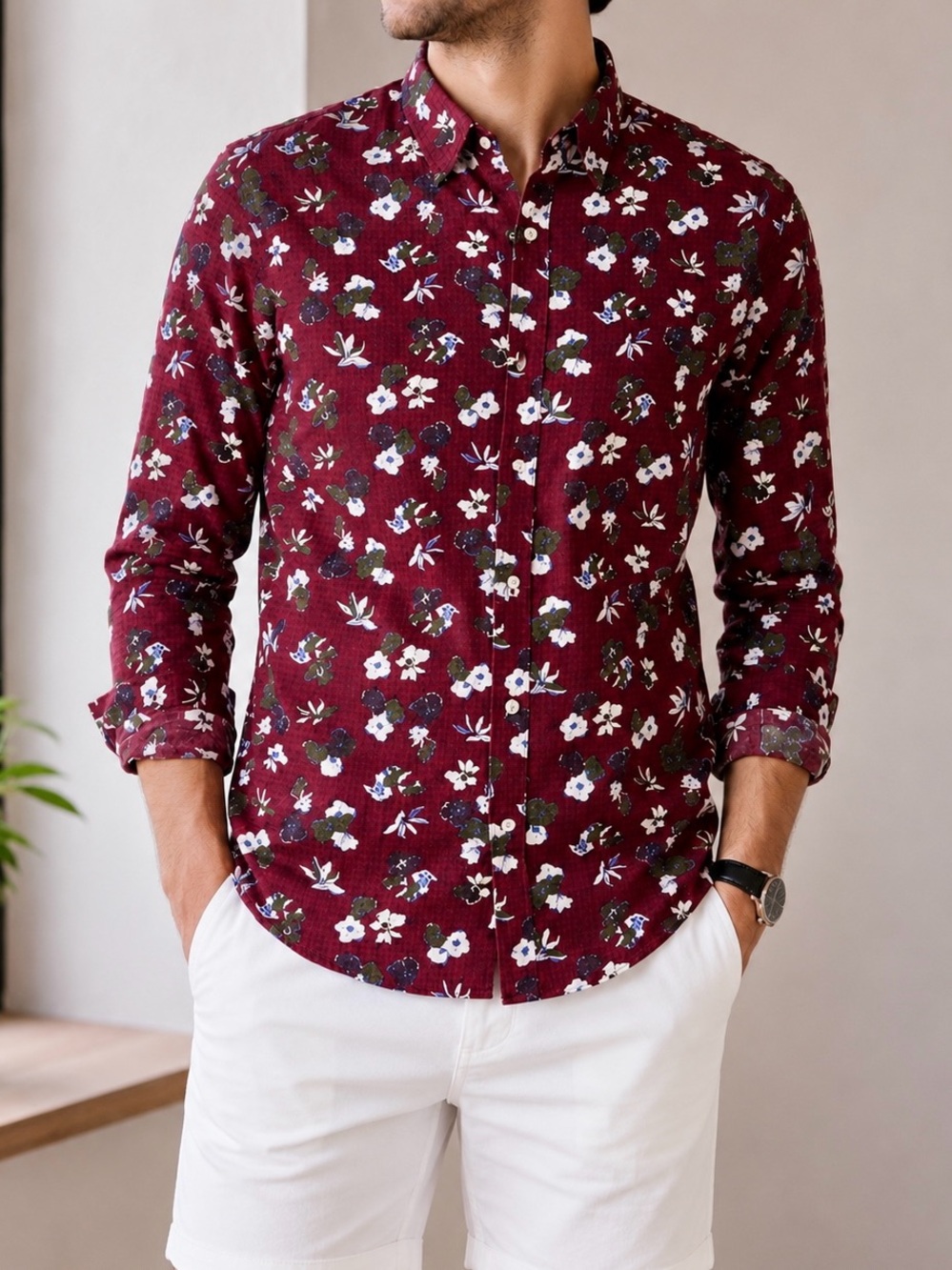 Michael Kors Men's Burgundy Floral Button-Down Shirt